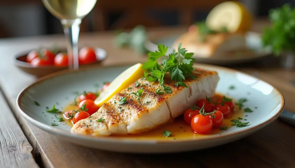 A perfectly cooked rockfish fillet garnished with lemon slices, fresh herbs, and served on a rustic plate.