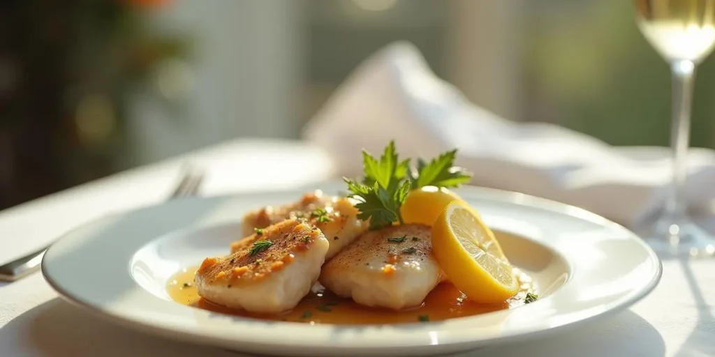 A plate of juicy lemon pepper chicken garnished with fresh herbs and lemon slices, served with a side of roasted vegetables.