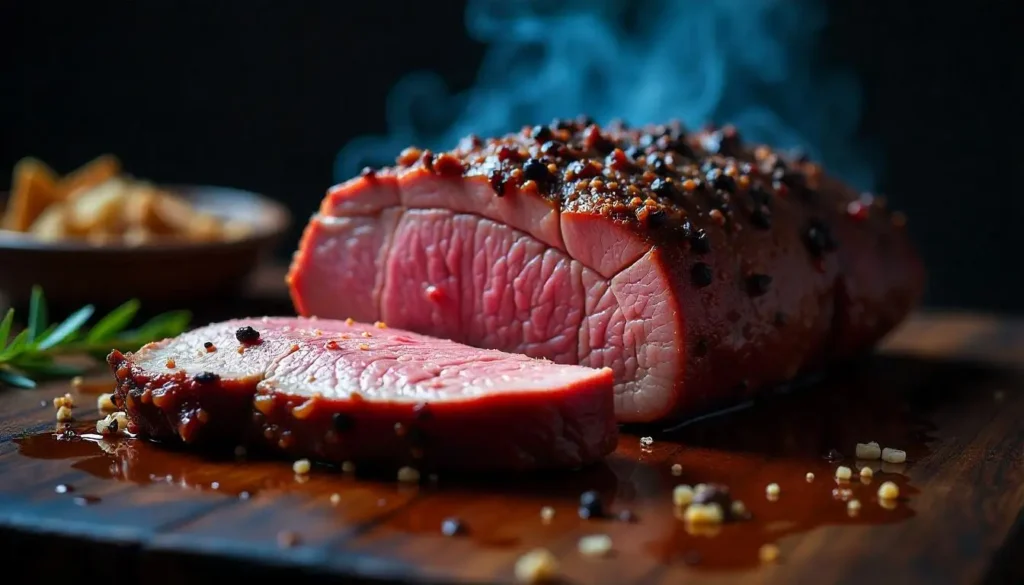 Close-up of a juicy steak topped with a rich mushroom sauce, served on a white plate, capturing the glossy texture and savory details best smoked