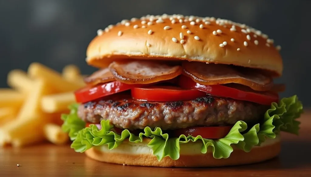A juicy hamburger patty topped with melted cheese, served on a toasted bun with fresh lettuce and tomato.