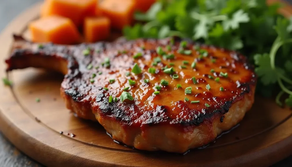 "Pan-seared Beef chops with a golden crust and a side of mashed potatoes."