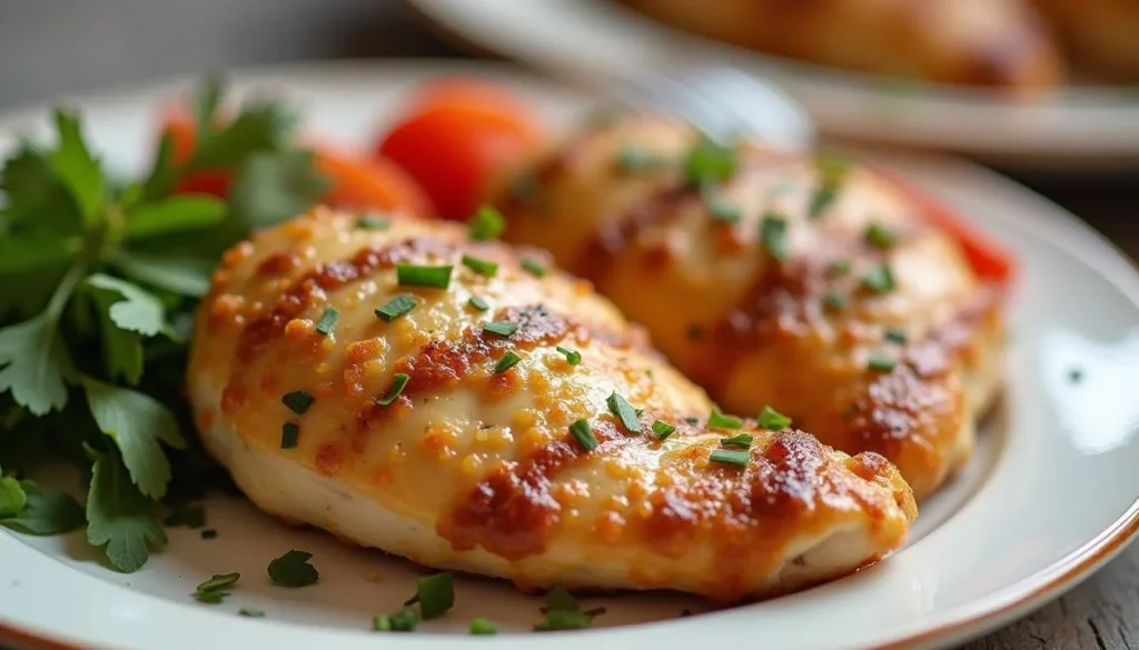 Creamy garlic parmesan chicken breast served with pasta.