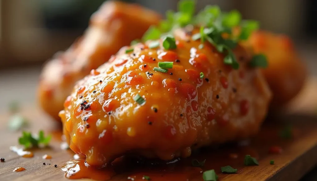 Grilled chicken thighs with a smoky char, served with roasted vegetables.