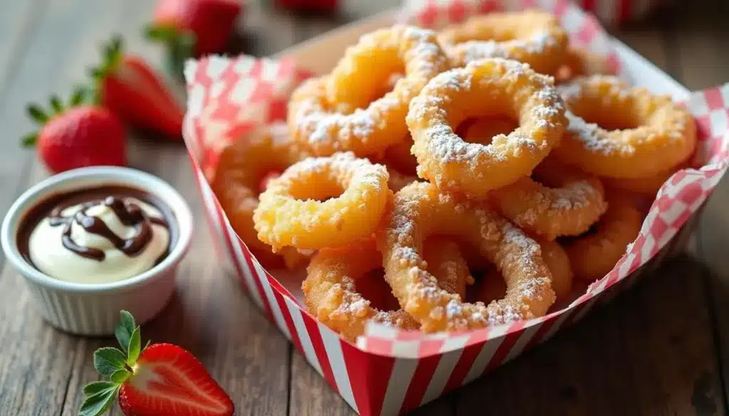 "Close-up of golden-brown funnel cake fries dusted with powdered sugar, drizzled with chocolate sauce, and served in a striped paper tray."