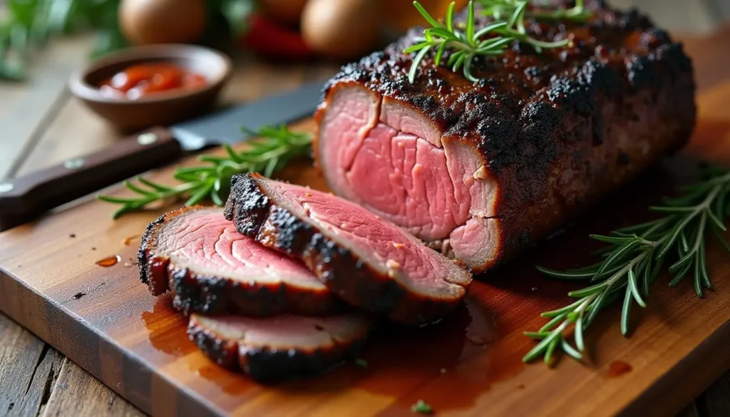 "Perfectly smoked chuck roast with a smoky crust, sliced and garnished with fresh herbs on a wooden cutting board."