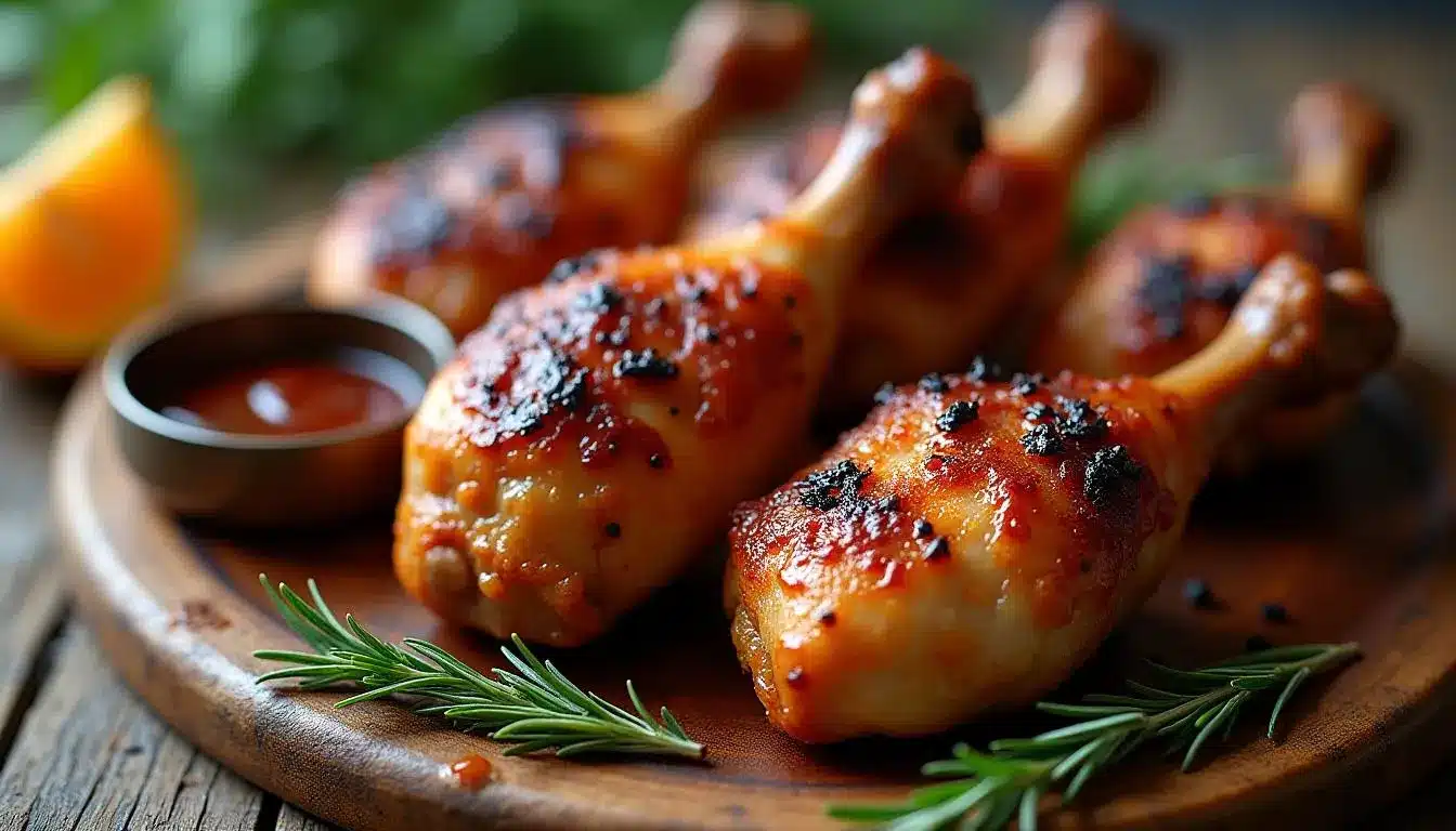 "Close-up of perfectly smoked chicken drumsticks with crispy skin and smoky glaze on a rustic wooden platter, ready for summer BBQ."