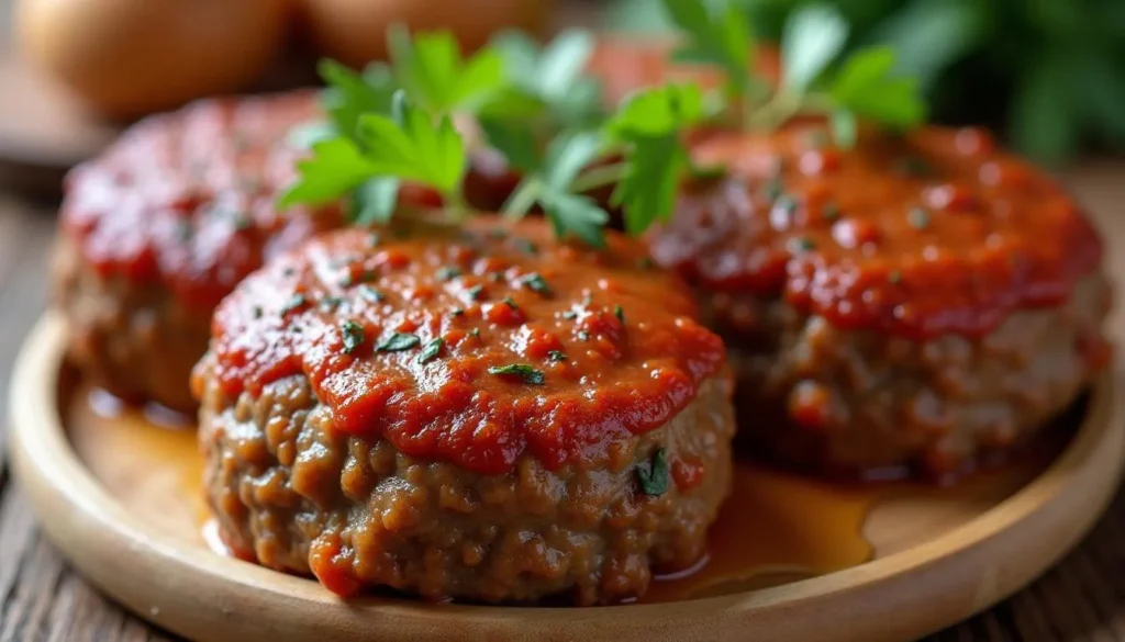 A golden-brown classic meatloaf topped with a glossy glaze, sliced and served on a white plate.
