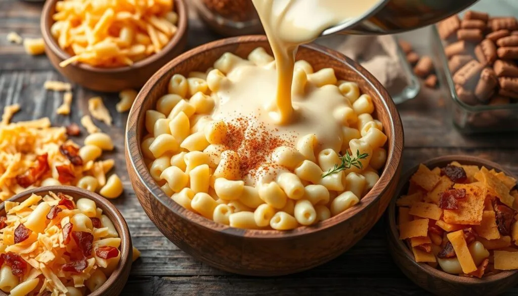 Mixing Smoked Mac and Cheese Ingredients Mixing Smoked Mac and Cheese Ingredients