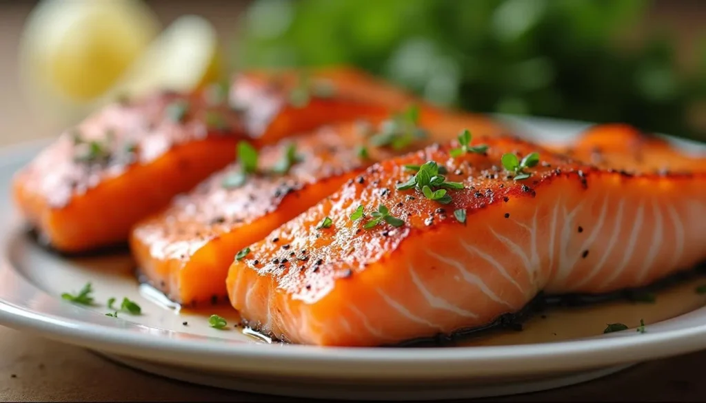 "Baked garlic butter salmon with asparagus in a cast iron skillet."