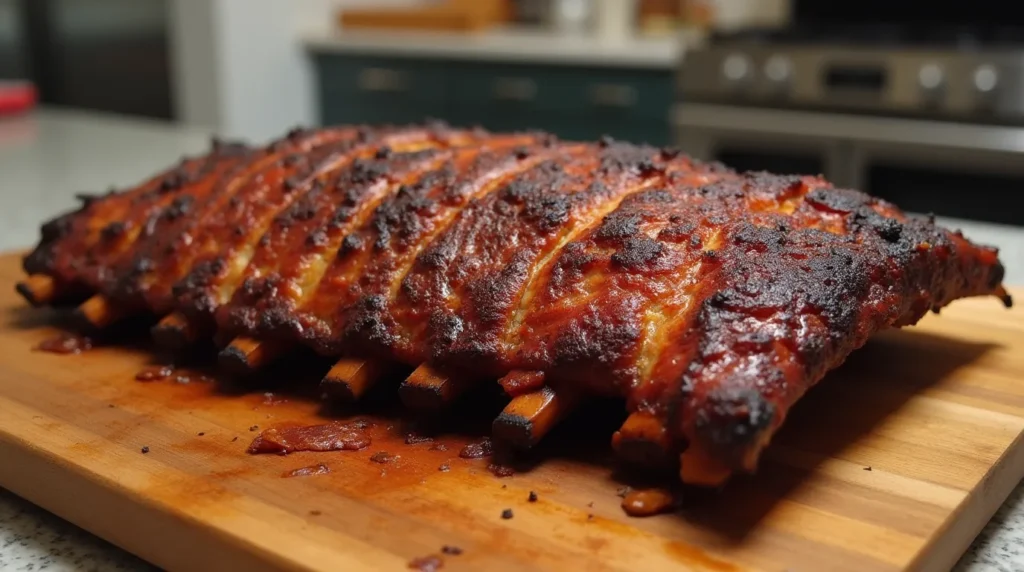 "Smoked country-style ribs on a grill, basted with sauce and surrounded by smoke."