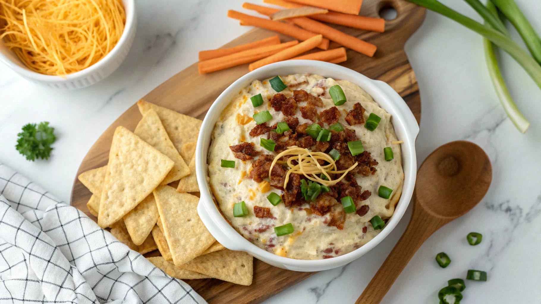 Million Dollar Dip3 Serving Million Dollar Dip with tortilla chips and veggies