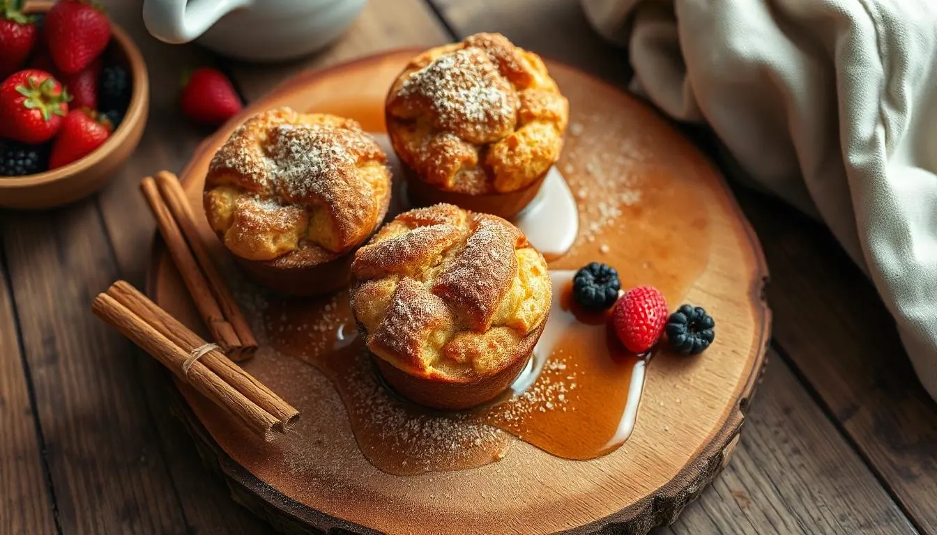 Cinnamon Sugar French Toast Muffins2 "Golden Cinnamon Sugar French Toast Muffins with Maple Syrup on Rustic Wooden Board"