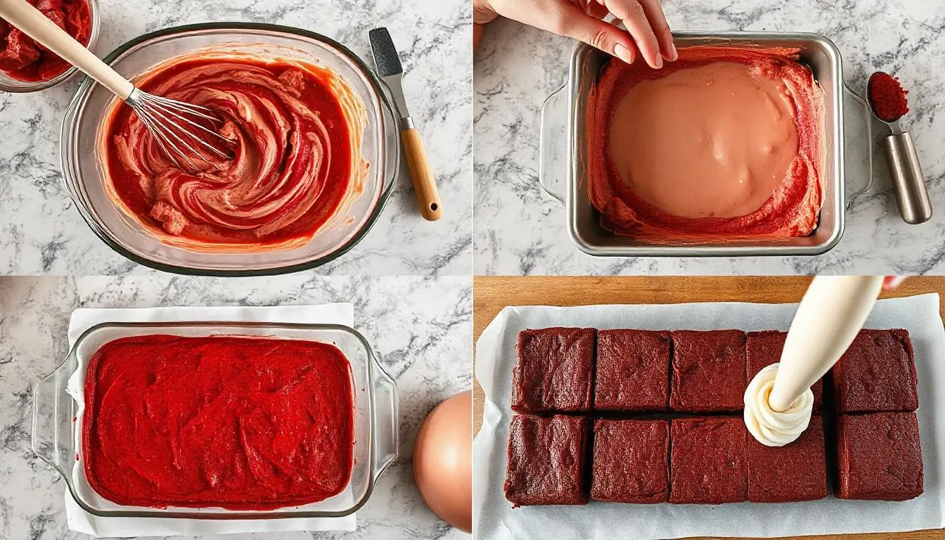 Red Velvet Brownies 11 "Step-by-Step Baking Process for Red Velvet Brownies with Frosting"