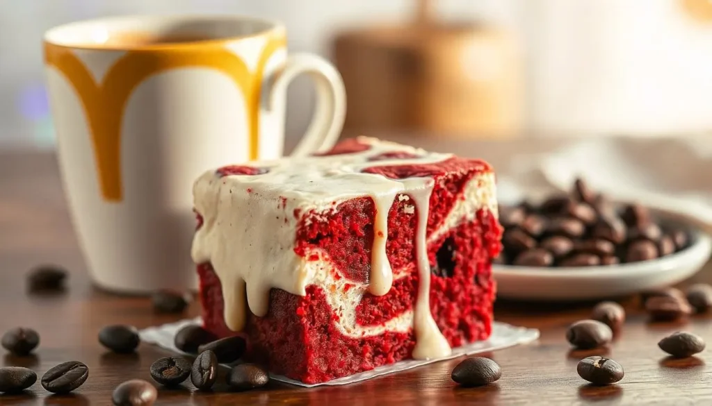 "Fudgy Red Velvet Brownie Slice with Cream Cheese Frosting and Coffee Pairing"