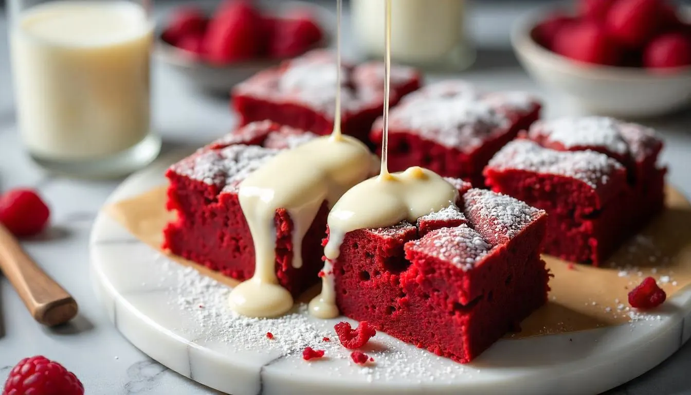 Red Velvet Brownies "Gooey Red Velvet Brownies with Cream Cheese Frosting on Marble Slab"